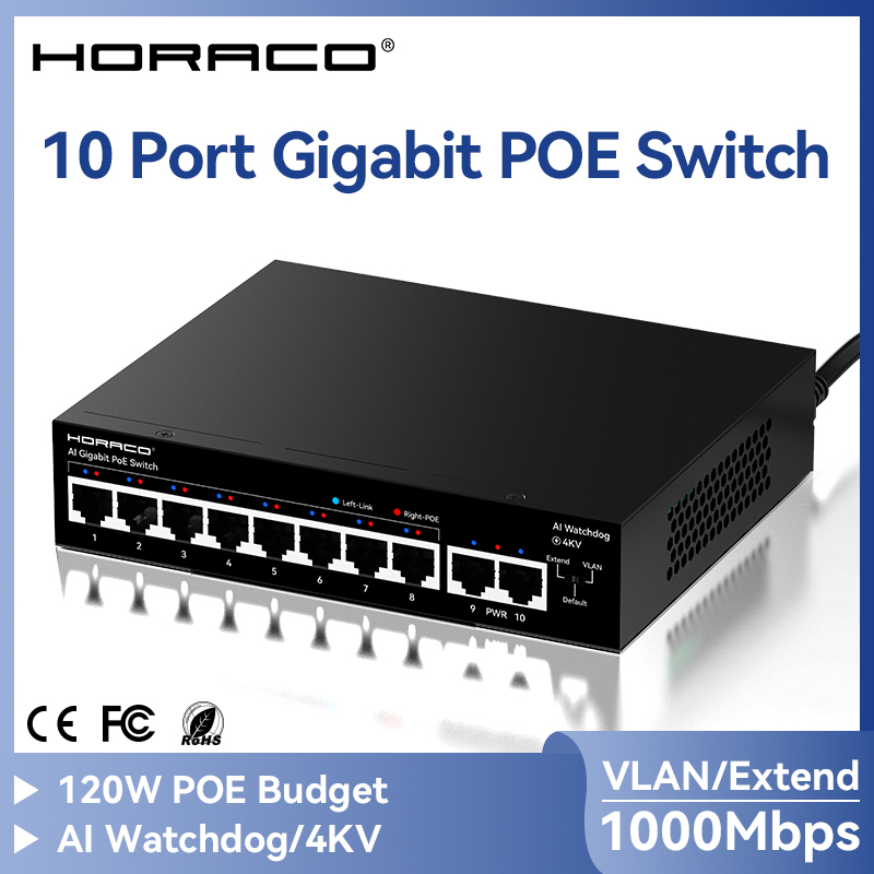 Ethernet Switch 8 Port - HORACO 8 Port Gigabit POE Switch